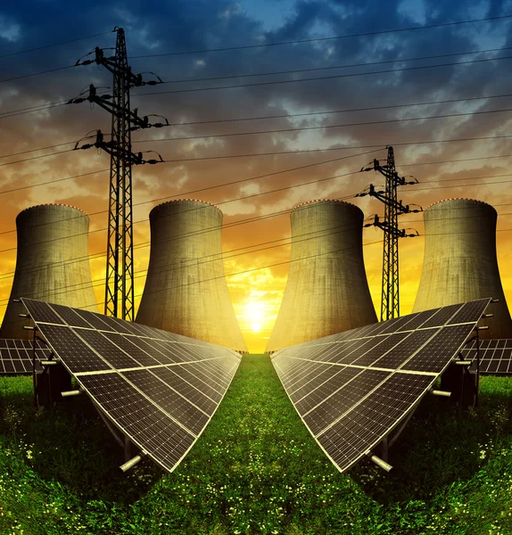 Solar energy panels, nuclear power plant and electricity pylon — Stock Photo, Image