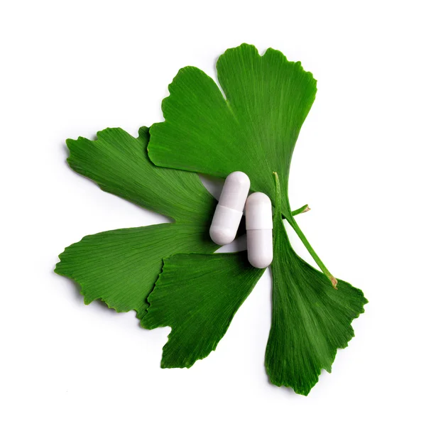 Ginkgo Biloba leaves with capsules — Stock Photo, Image