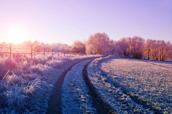 Paisagem Inverno Com Árvores Congeladas Nascer Sol — Fotografia de Stock