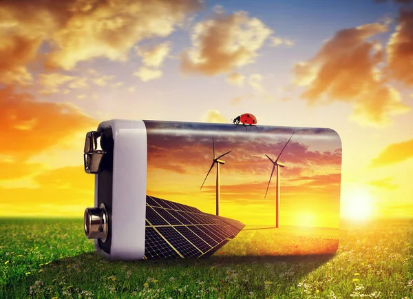 Batterie Avec Panneaux Solaires Éoliennes Dans Prairie Coucher Soleil Concept — Photo