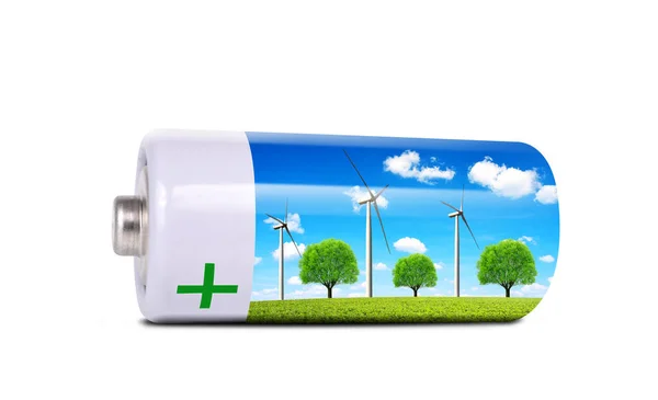 Rüzgâr Türbinli Batarya Beyaz Arka Planda Izole Edilmiş Sürdürülebilir Kaynaklar — Stok fotoğraf