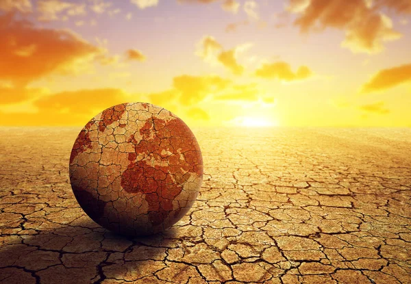Ερημωμένος Πλανήτης Στο Ξηρό Τοπίο Ραγισμένο Έδαφος Στο Ηλιοβασίλεμα Υπερθέρμανση — Φωτογραφία Αρχείου
