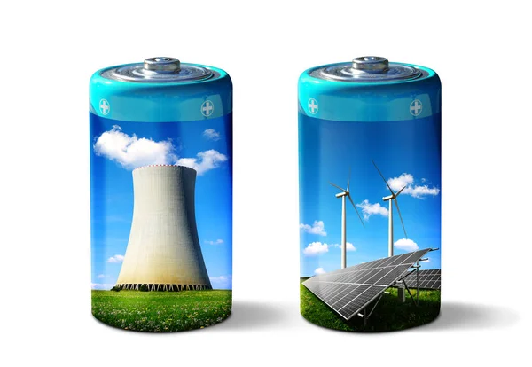 Batterij Met Zonnepanelen Windturbines Kerncentrale Geïsoleerd Een Witte Achtergrond Begrip — Stockfoto