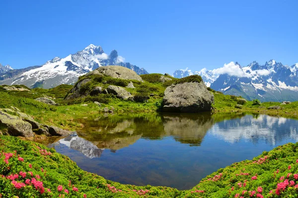 Berglandschap Weerspiegeld Het Oppervlak Van Het Meer Natuurreservaat Aiguilles Rouges — Stockfoto