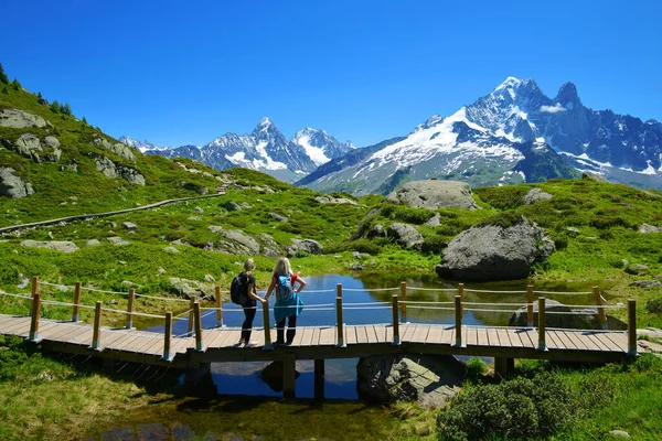 Paisaje Idílico Con Cordillera Del Mont Blanc Día Soleado Excursionistas — Foto de Stock