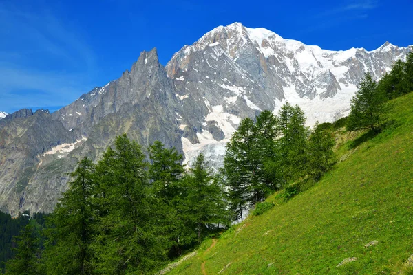 Visa Mont Blanc Monte Bianco Bergskedjan Solig Dag Aostadalen Italien — Stockfoto