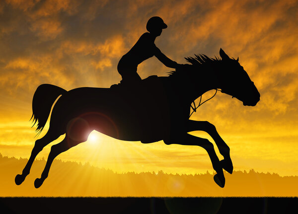 Silhouette of a rider on a running horse