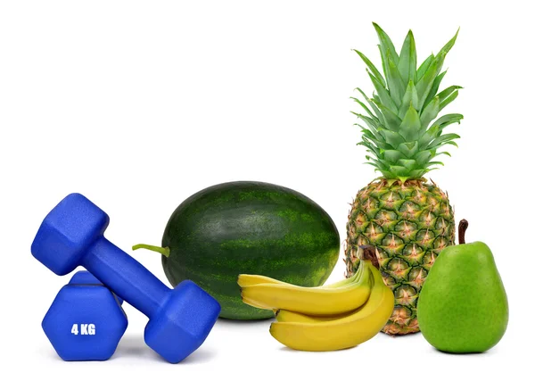 Haltères de fitness bleu avec fruits — Photo