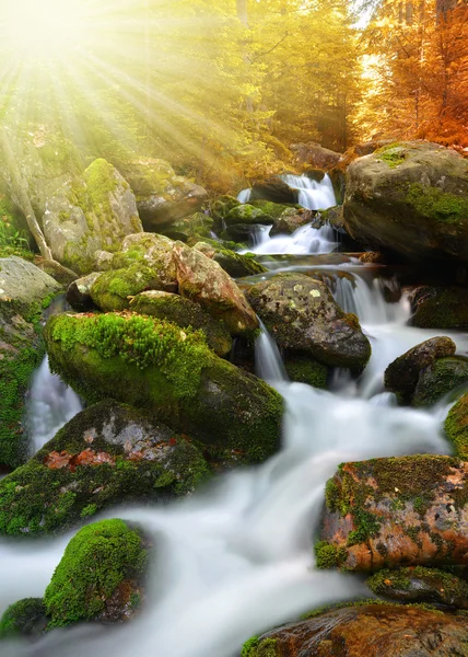 Höstigt landskap med mountain creek — Stockfoto