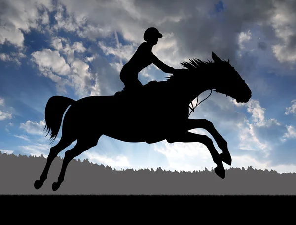 Вершник на біговому коні на заході сонця — стокове фото
