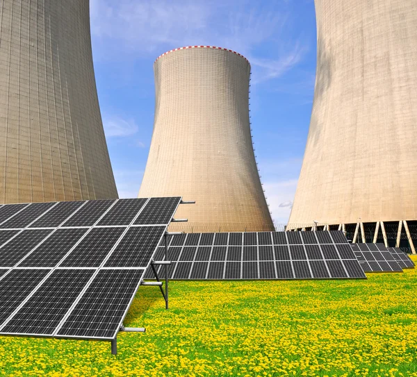 Nuclear power plant with solar panels — Stock Photo, Image