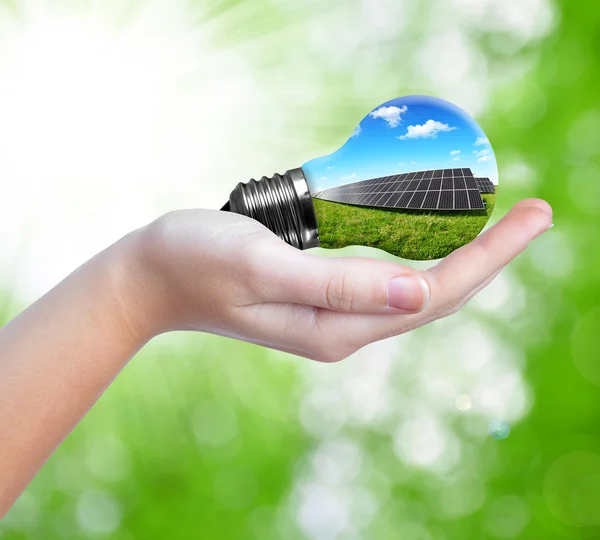 Paneles solares de mano en bombilla — Foto de Stock