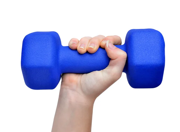 Hand bedrijf blauwe fitness halter — Stockfoto