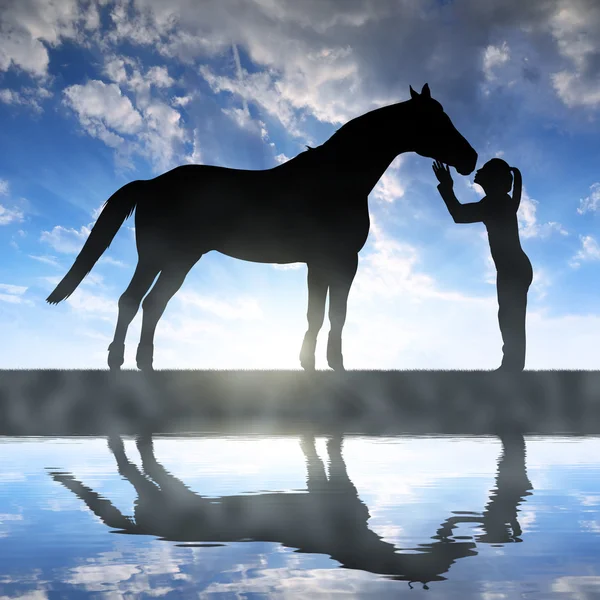 Silhueta de uma menina dando um beijo cavalo — Fotografia de Stock