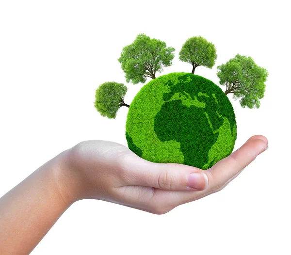 Hand holding green planet with trees — Stock Photo, Image