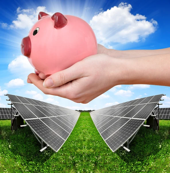 Güneş panelleri ve pembe bir kumbara tutan el.