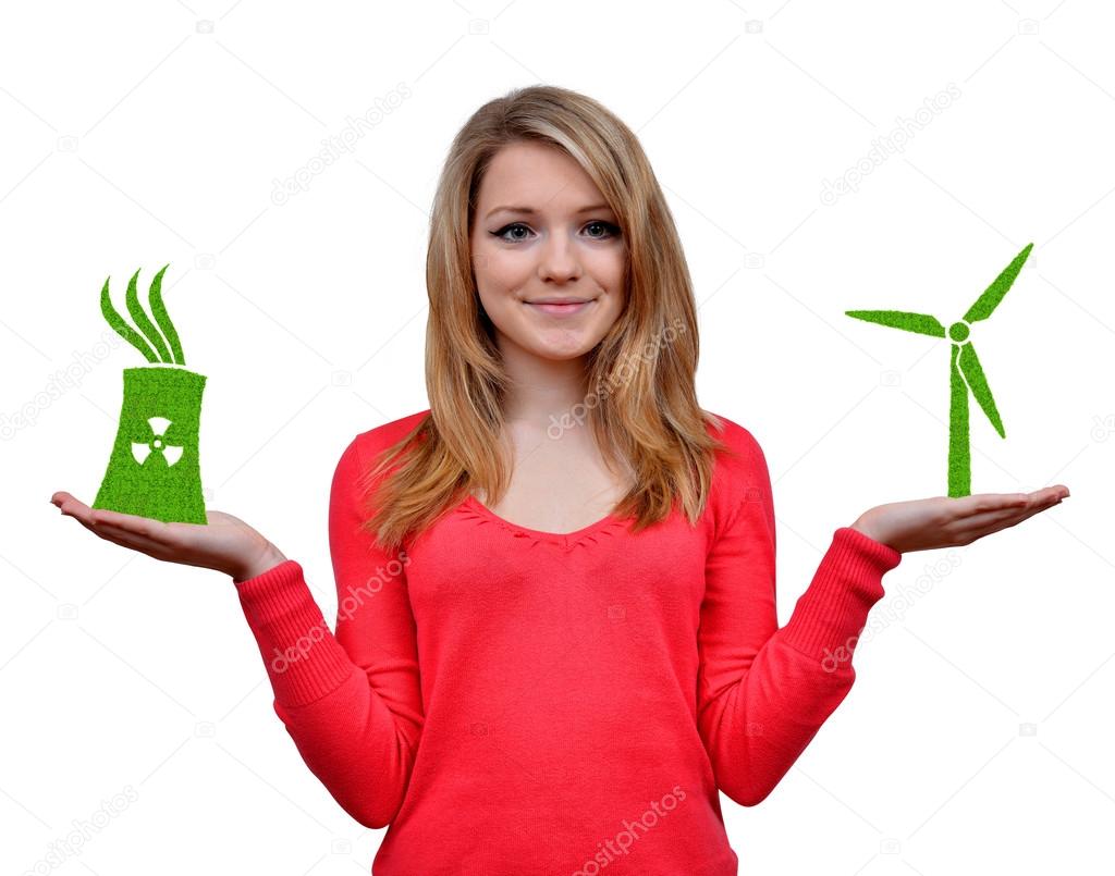 Girl holding in hands wind turbine and nuclear power plant icon.