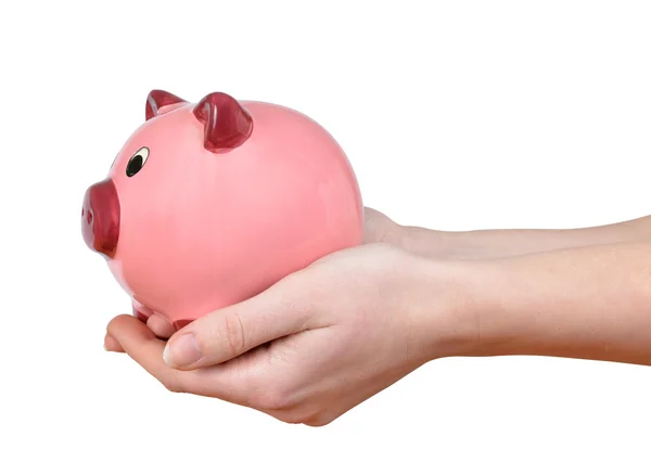 Woman hands holding a pink piggy bank — Stock Photo, Image