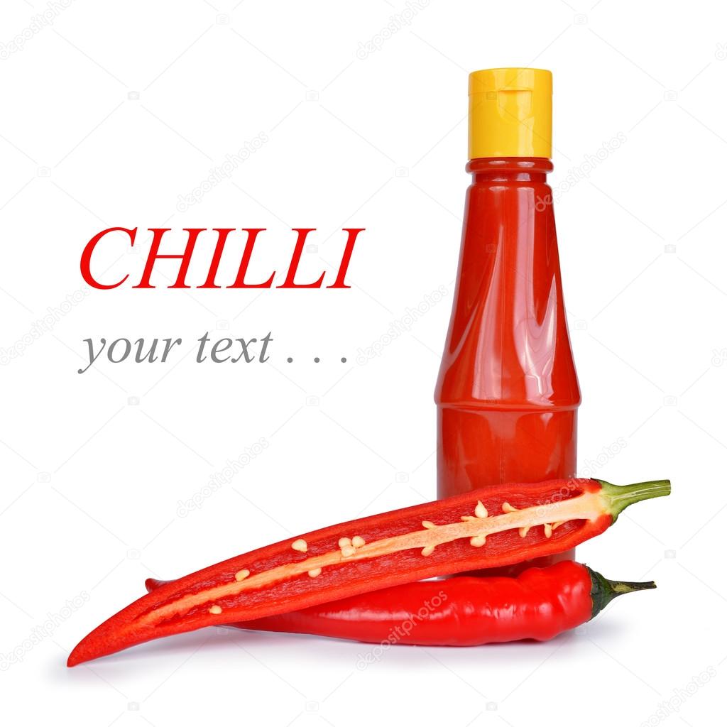 Download Hot sauce in bottle with Red chili pepper — Stock Photo © vencav #73962381