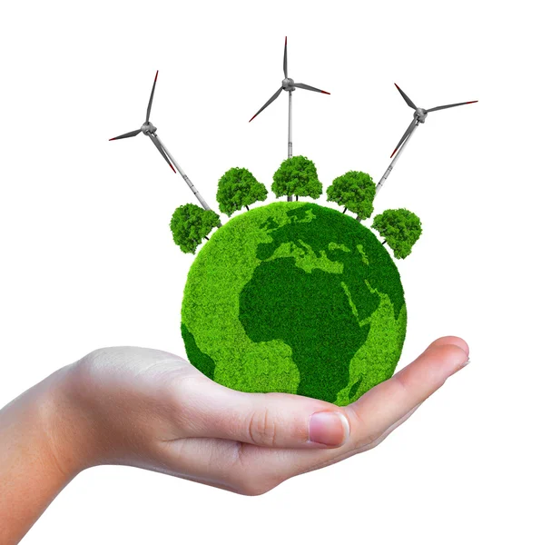 Planeta verde con árboles y turbinas eólicas en la mano —  Fotos de Stock