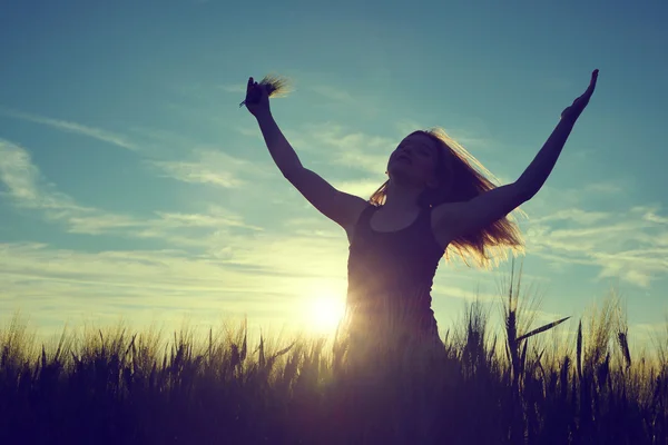 Silhouette of a girl in a barley field — Stock Photo, Image