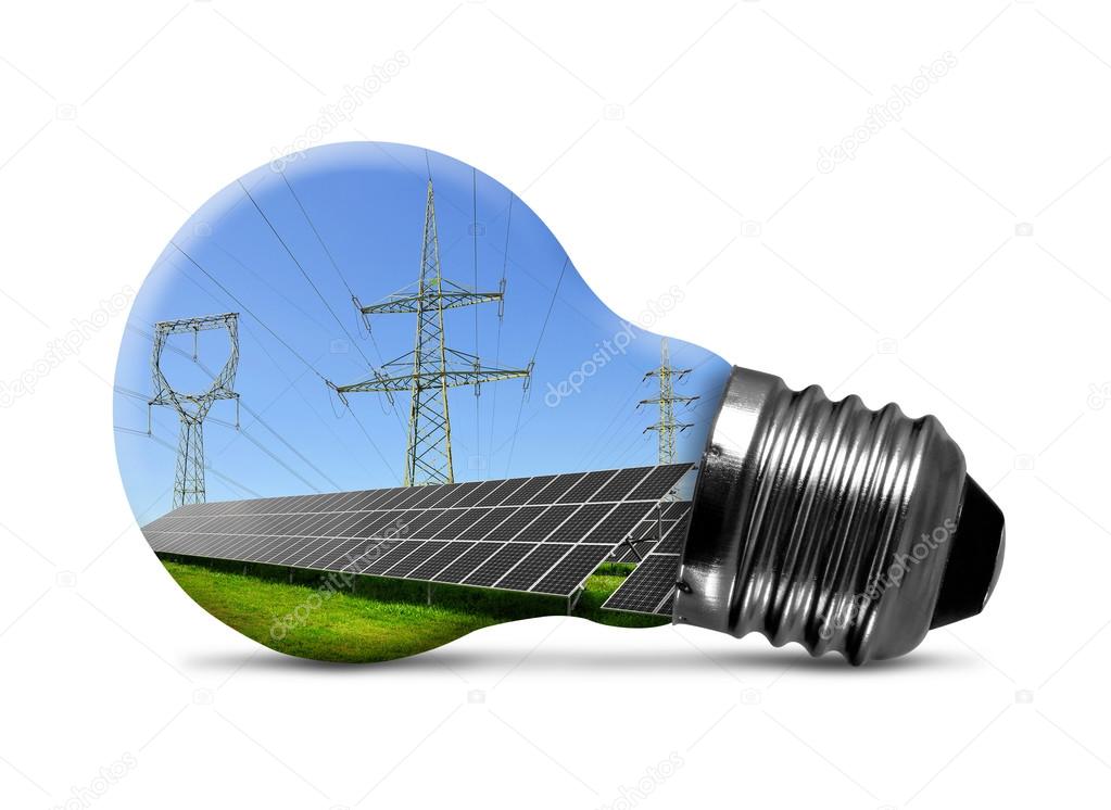 Solar panels with pylons in light bulb
