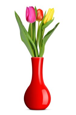 Mor, sarı ve kırmızı lale vazo içinde