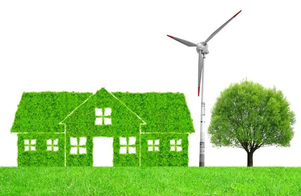 Green house symbol with wind turbine — Stock Photo, Image