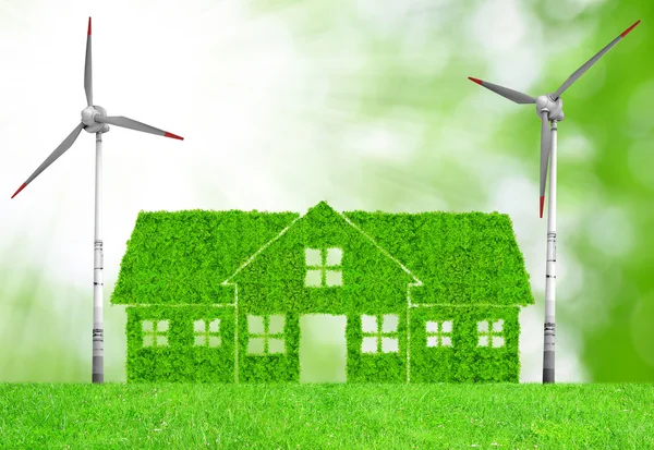 Green house symbol with wind turbines — Stock Photo, Image