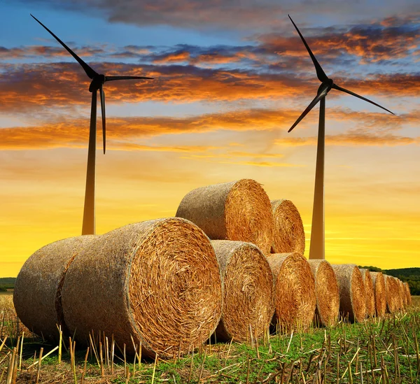 Pacas de paja con turbinas eólicas — Foto de Stock