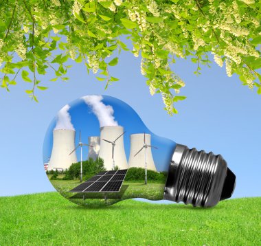 Güneş paneli ve ampul Rüzgar türbinleri ile nükleer enerji santrali