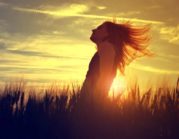 Silhouette of a girl in a barley field — Stock Photo, Image