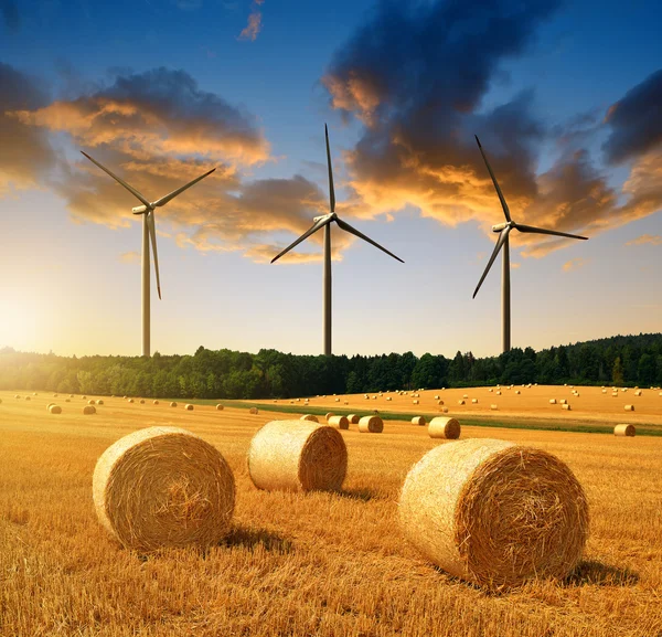 Halm balar med vindkraftverk — Stockfoto