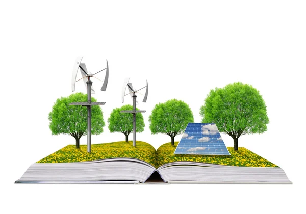 Екологічна книга з сонячною панеллю та вітровими турбінами . — стокове фото