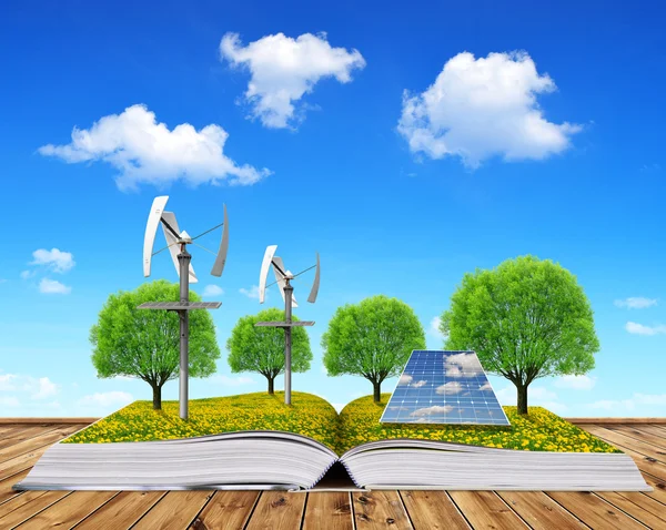Livro ecológico com painel solar e turbinas eólicas . — Fotografia de Stock