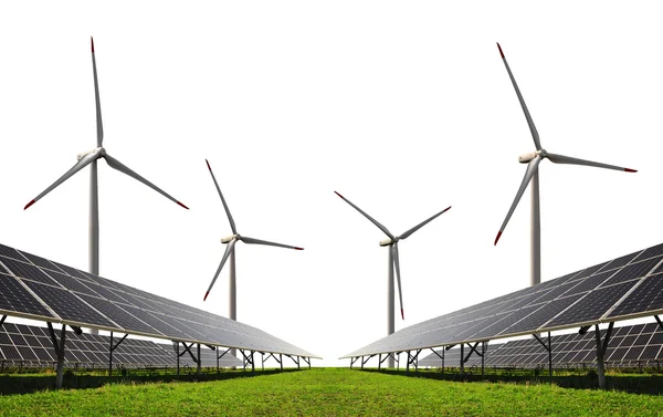 Solar energy panels with wind turbines — Stock Photo, Image