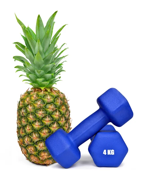 Blue fitness dumbbells with pineapple — Stock Photo, Image