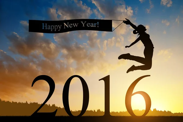 Dziewczynka skacze na nowy rok 2016 — Zdjęcie stockowe