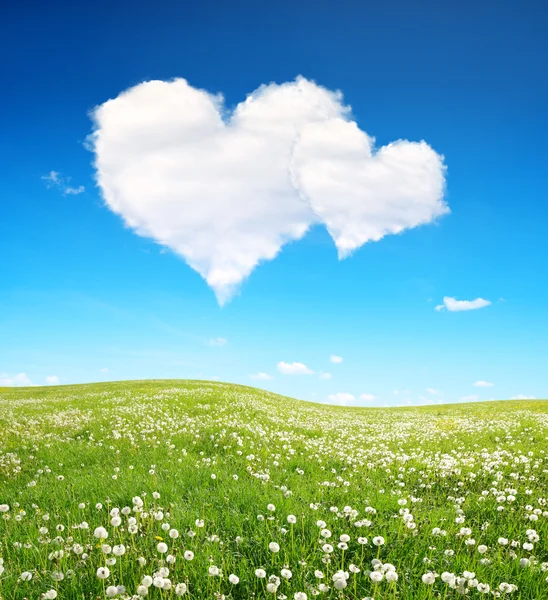 Prairie printanière et ciel bleu avec des nuages blancs en forme de cœur . — Photo