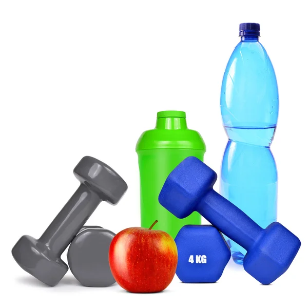 Dumbbells with apple and protein shaker — Stock Photo, Image