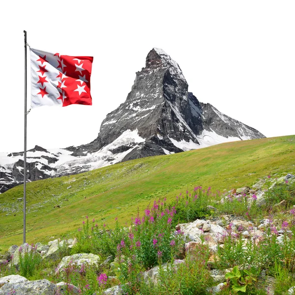 Beautiful mount Matterhorn with Valais flag — Stok fotoğraf