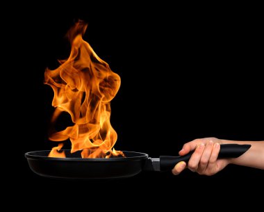 Woman's hand holding a frying pan with flames clipart
