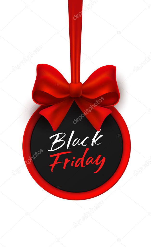 Black Friday label with red bow. Vector illustration