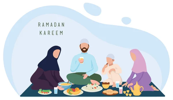 ラマダーン中の家族 イスラム教徒の家族との遠い時間 ラマダーンの断食ベクトル図 — ストックベクタ
