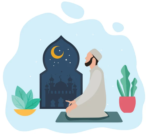 Muslim Pria Berlutut Dan Berdoa Pada Karpet Ramadan Kareem Suci - Stok Vektor