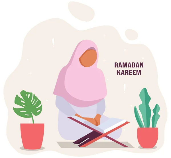 ムスリムの祈りの女性読書クランでラマダーン月と星の空 — ストックベクタ