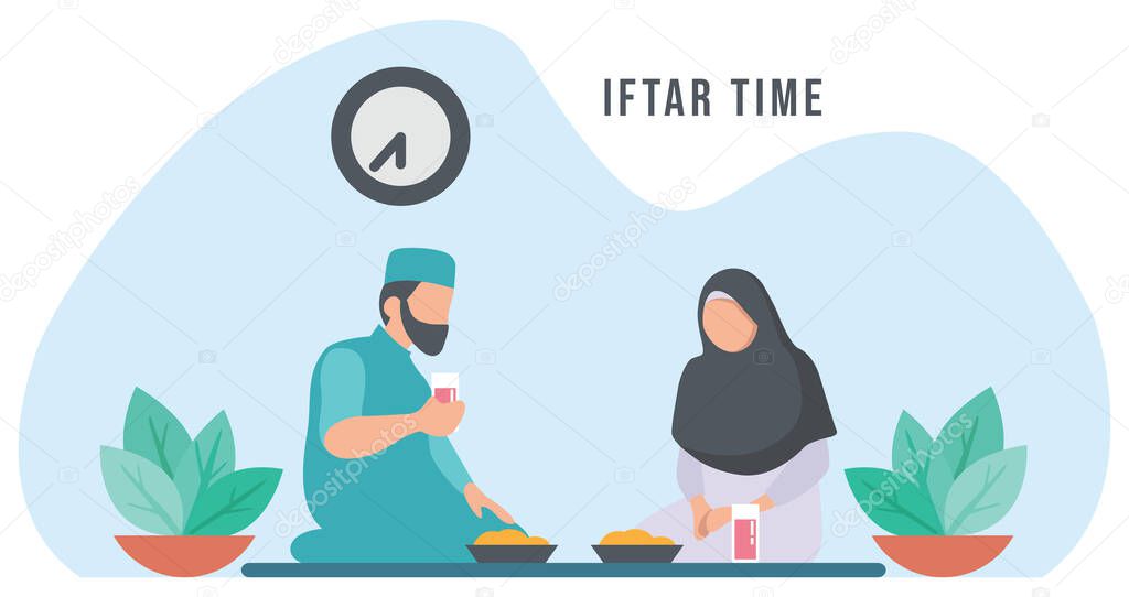 Iftar time with Family during Ramadan month, muslim family. Ramadan Fasting vector illustration. 