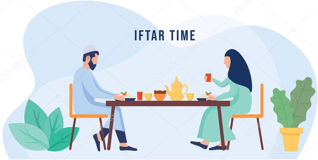 Iftar time with Family during Ramadan month, muslim family. Ramadan Fasting vector illustration. 