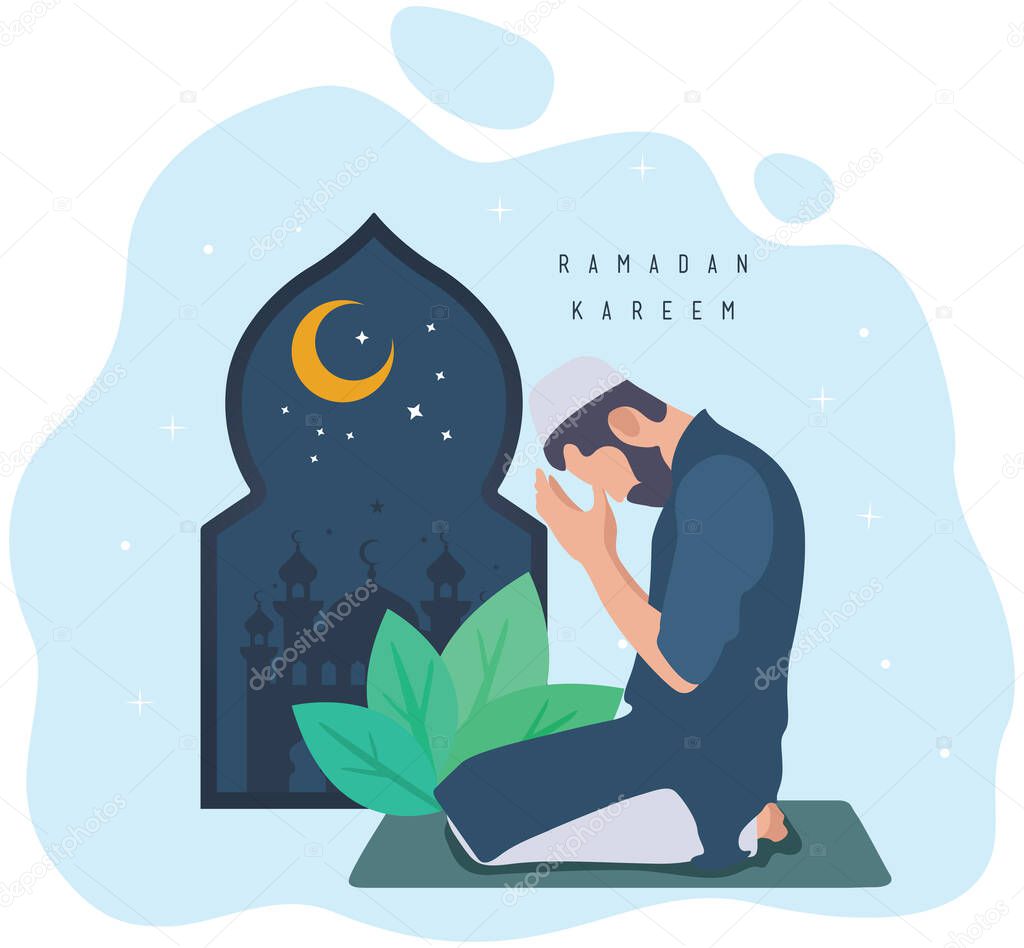 Muslim man kneeling and praying on carpet.Ramadan kareem holy month religion concept. Vector illustration 