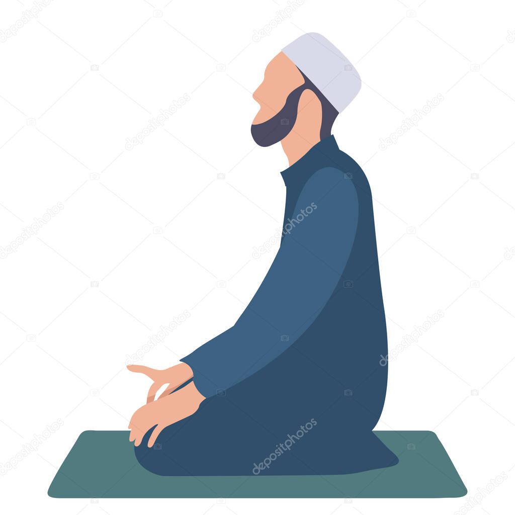 Muslim man kneeling and praying on carpet.Ramadan kareem holy month religion concept. Vector illustration 